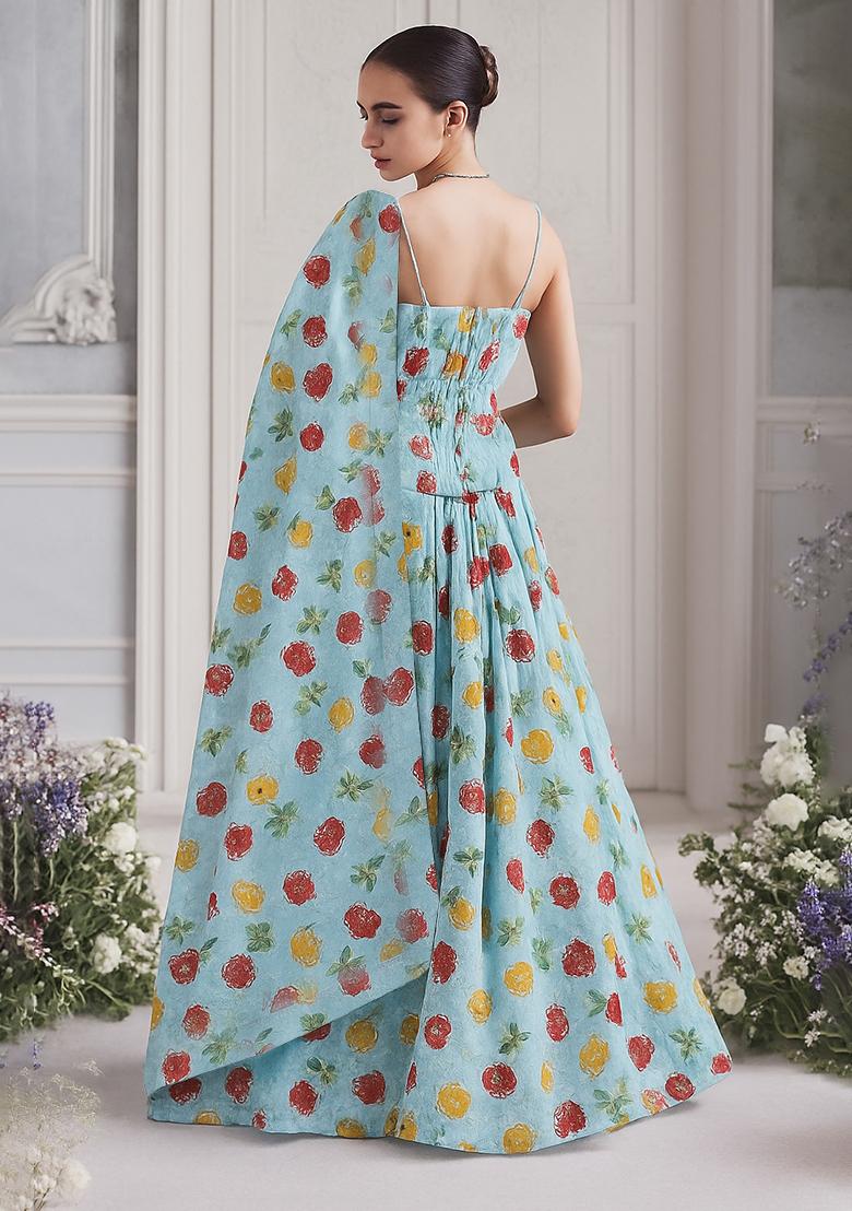 Blue Embroidered Organza Lehenga Set - Indya