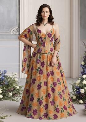 Beige Embroidered Organza Lehenga Set