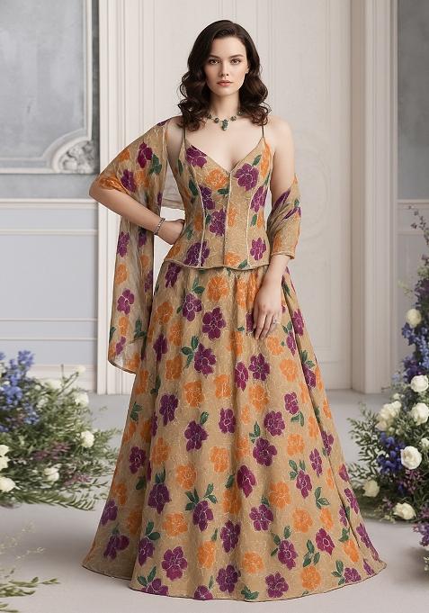 Beige Embroidered Organza Lehenga Set