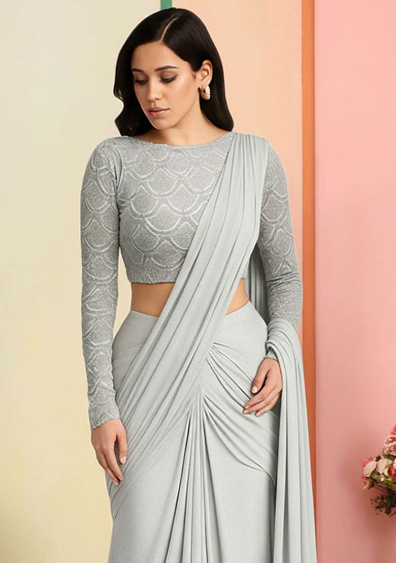 Grey Embellished Net Lehenga Set - Indya