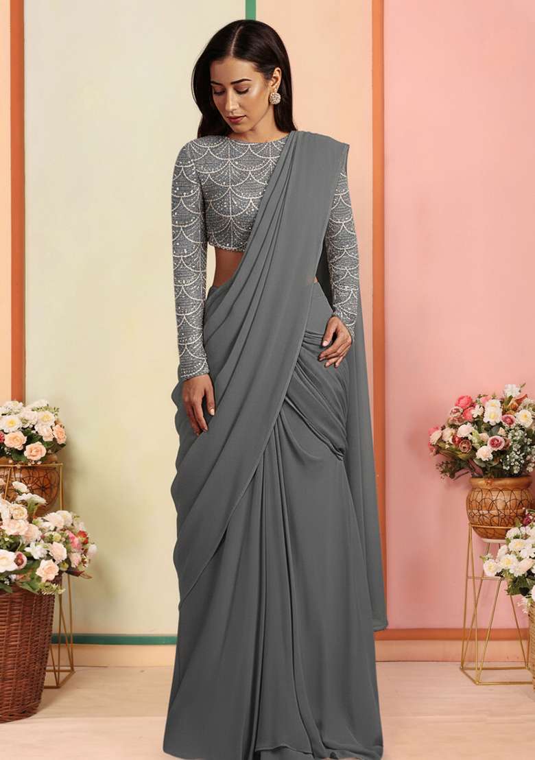 Grey Embellished Net Lehenga Set - Indya