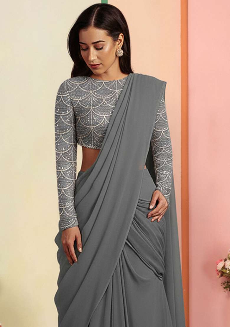 Grey Embellished Net Lehenga Set - Indya