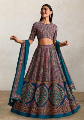 Purple Printed Brocade Lehenga Set