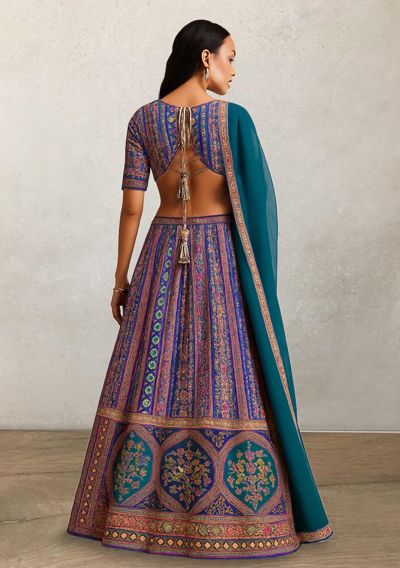 Purple Printed Brocade Lehenga Set - Indya