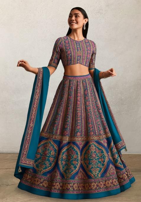 Purple Printed Brocade Lehenga Set