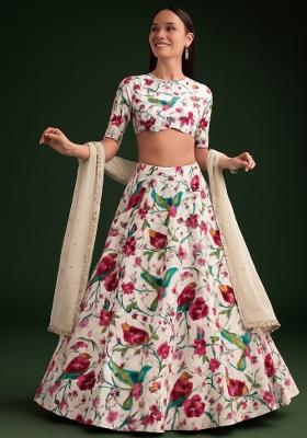White Figure Printed Poly Blend Lehenga Set