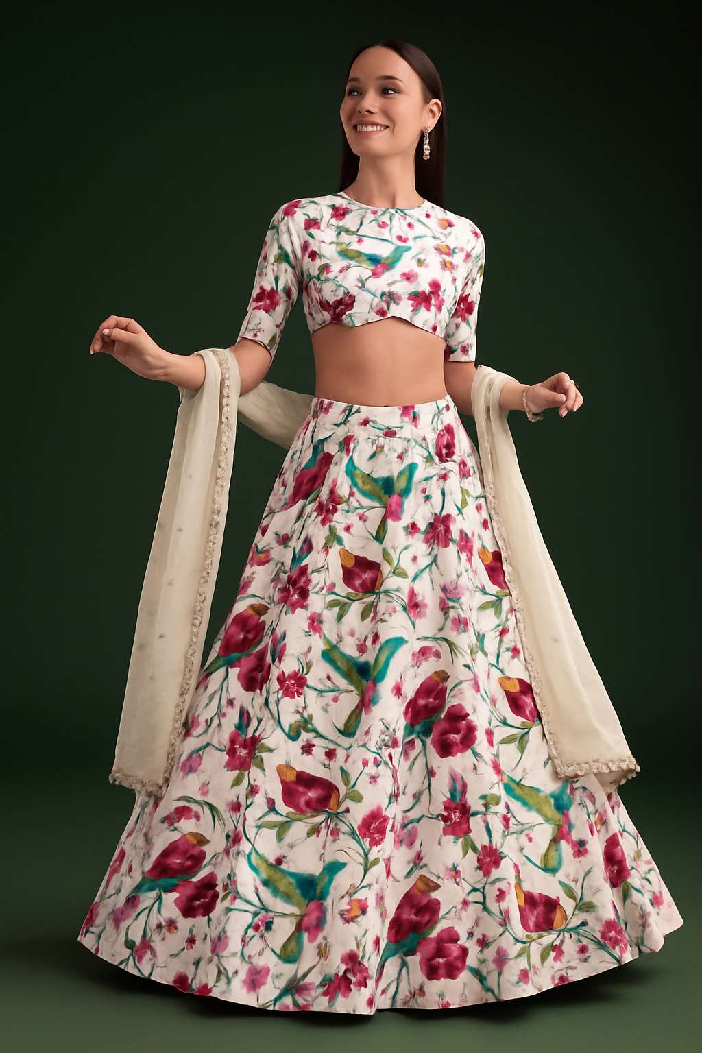 White Figure Printed Poly Blend Lehenga Set - Indya