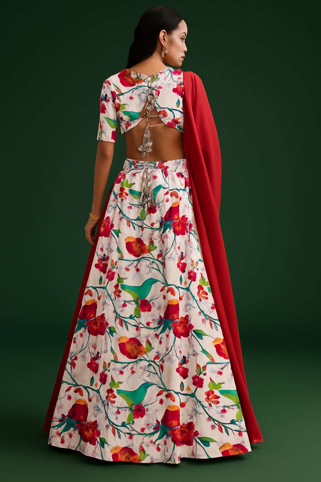White Figure Printed Poly Blend Lehenga Set - Indya