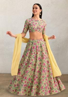 Yellow Floral Printed Poly Blend Lehenga Set