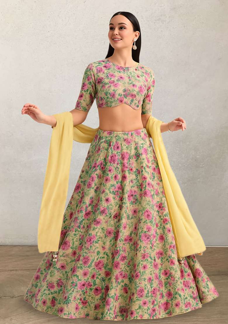 Yellow Floral Printed Poly Blend Lehenga Set for Diwali and Festive Wear - Indya
