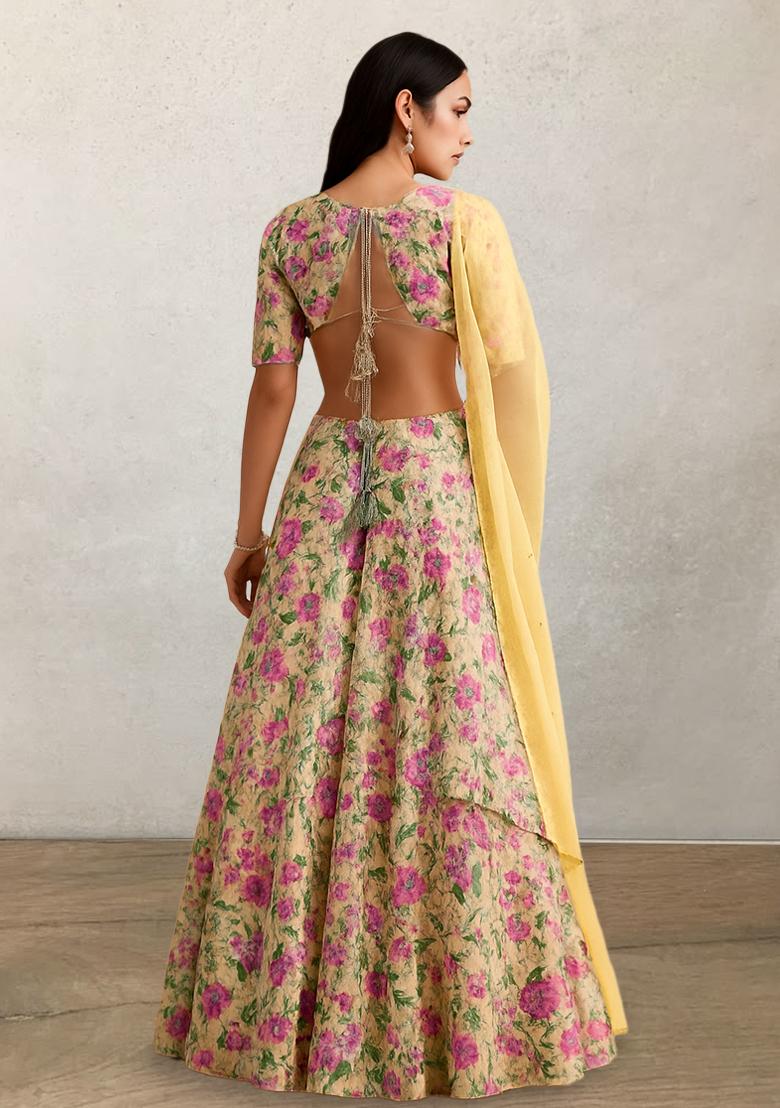 Yellow Floral Printed Poly Blend Lehenga Set - Indya