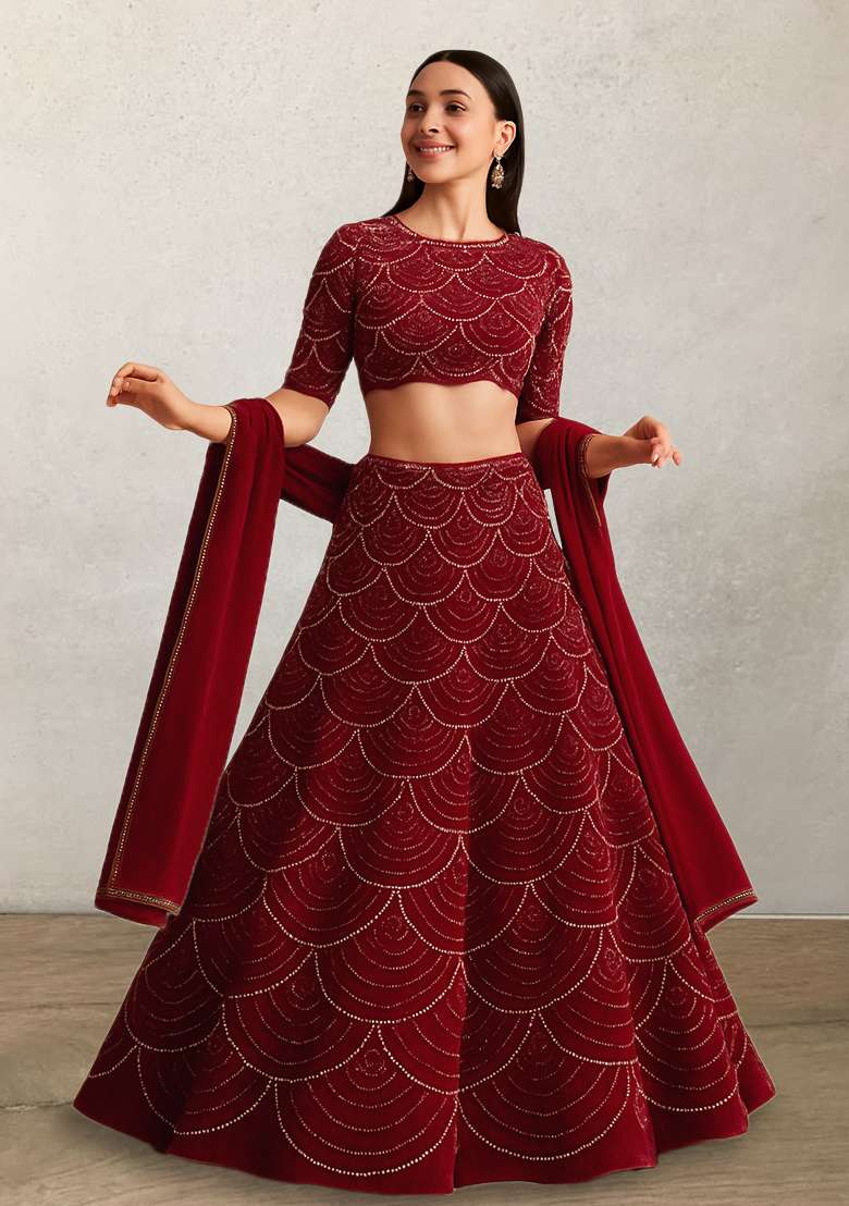 Maroon Embellished Net Lehenga Set - Indya