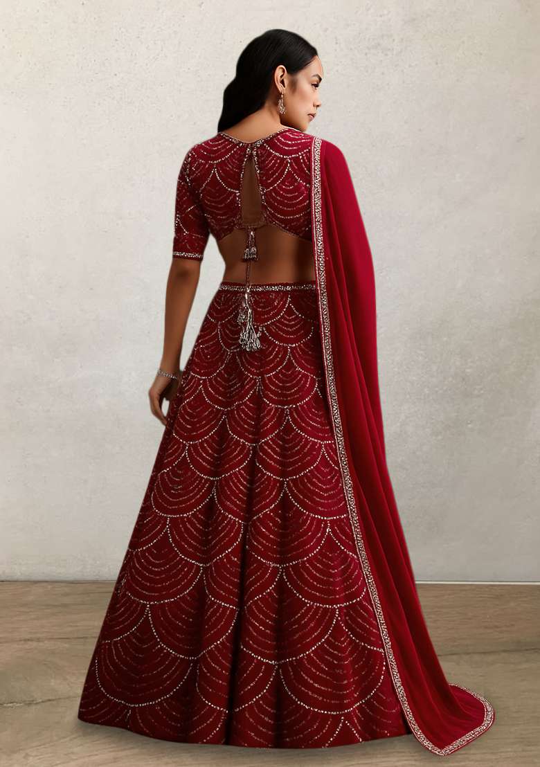 Maroon Embellished Net Lehenga Set - Indya