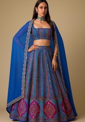 Blue Printed Brocade Lehenga Set