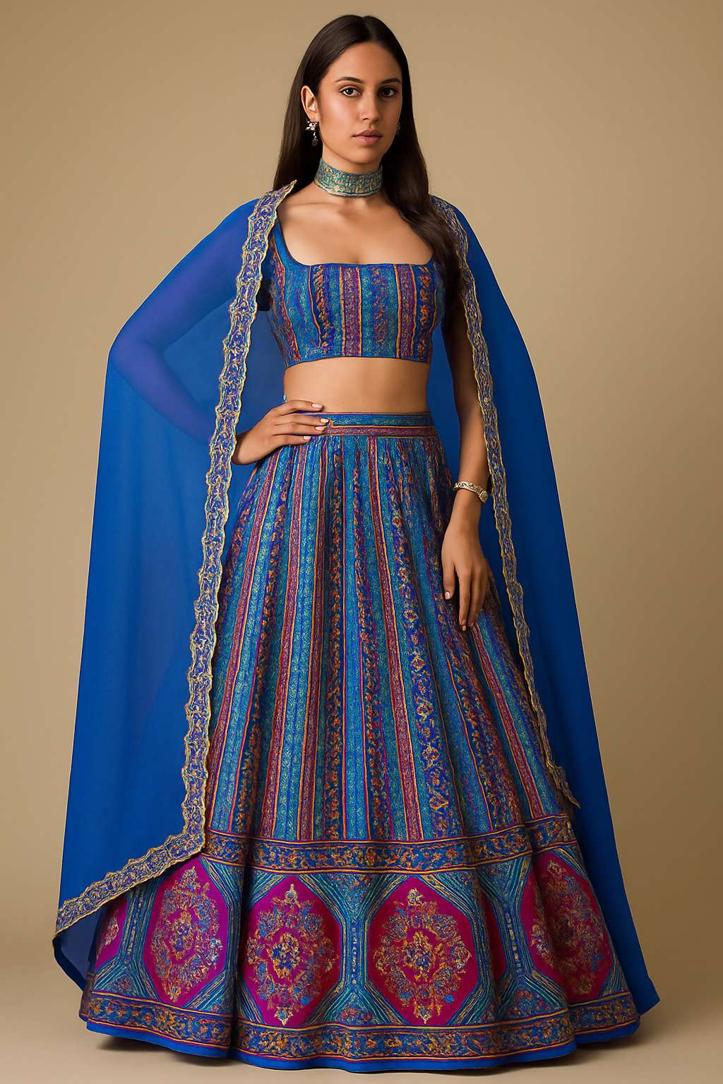 Blue Printed Brocade Lehenga Set - Indya