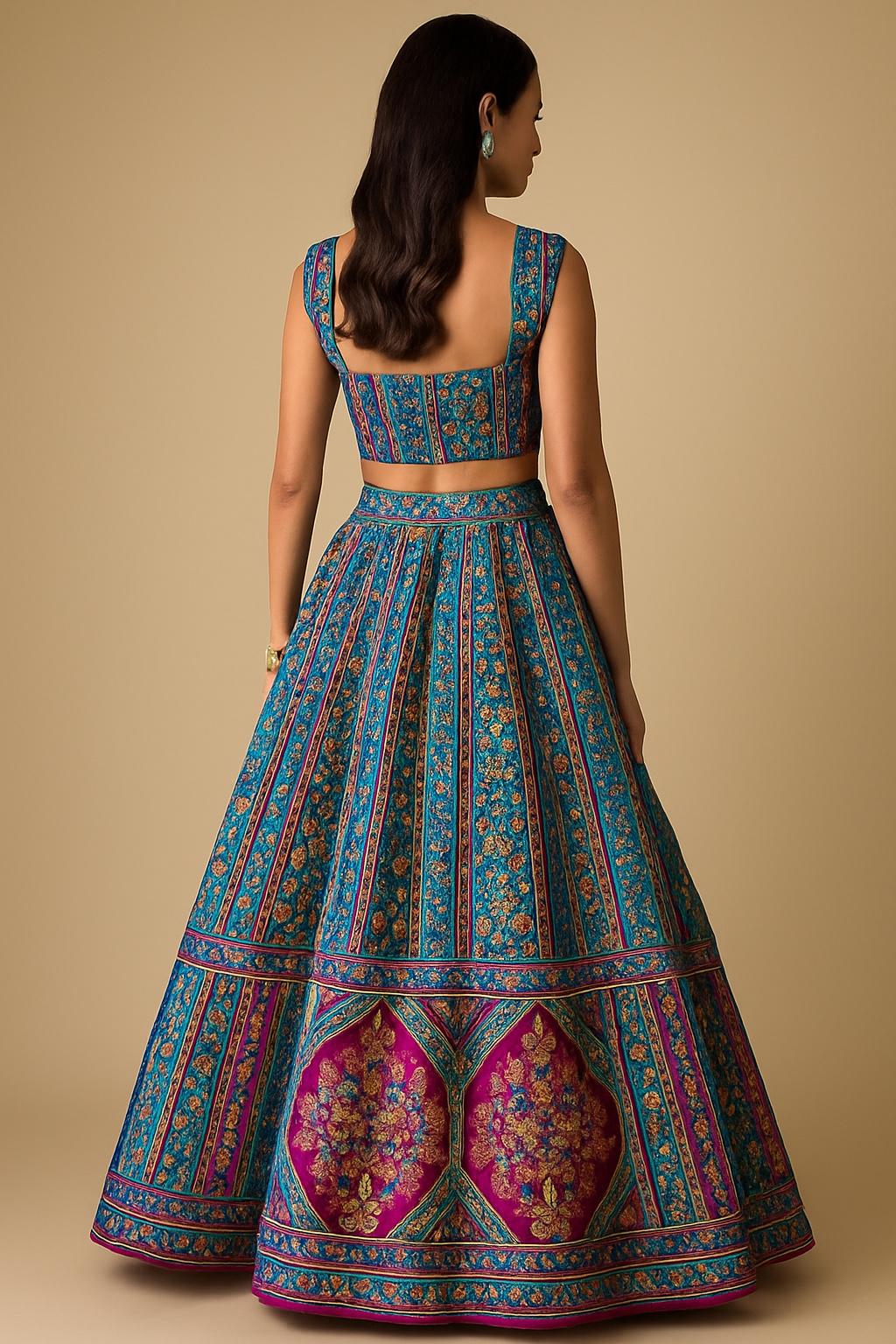 Blue Printed Brocade Lehenga Set - Indya
