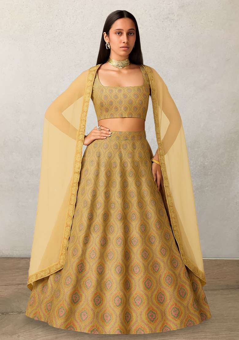 Yellow Printed Silk Blend Lehenga Set - Indya