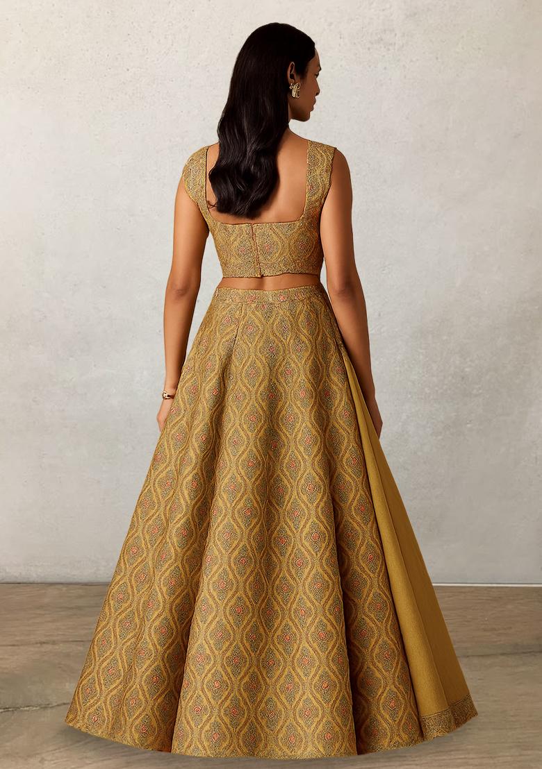 Yellow Printed Silk Lehenga Set - Indya