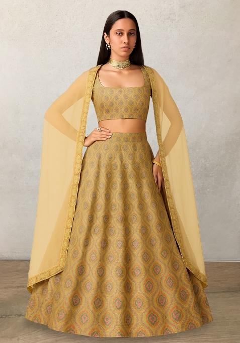 Yellow Printed Silk Lehenga Set