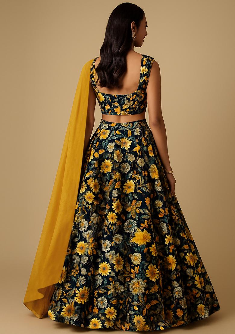 Black Floral Printed Poly Blend Lehenga Set - Indya