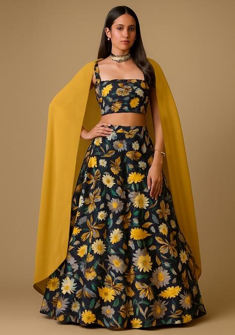 Black Floral Printed Poly Blend Lehenga Set