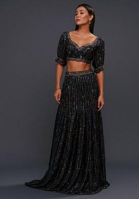 Blue Sequin Net Lehenga Set