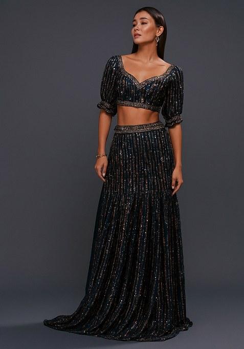 Blue Sequin Net Lehenga Set