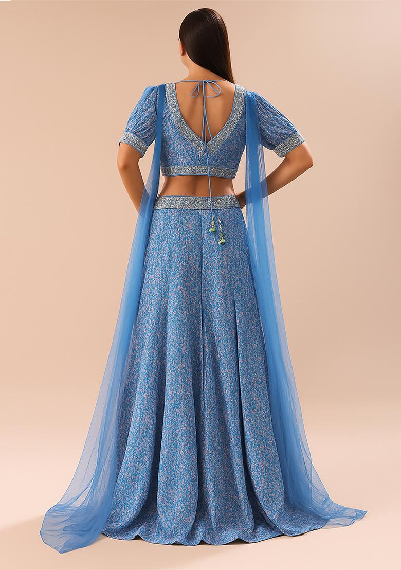 Light Blue Sequin Net Lehenga Set - Indya