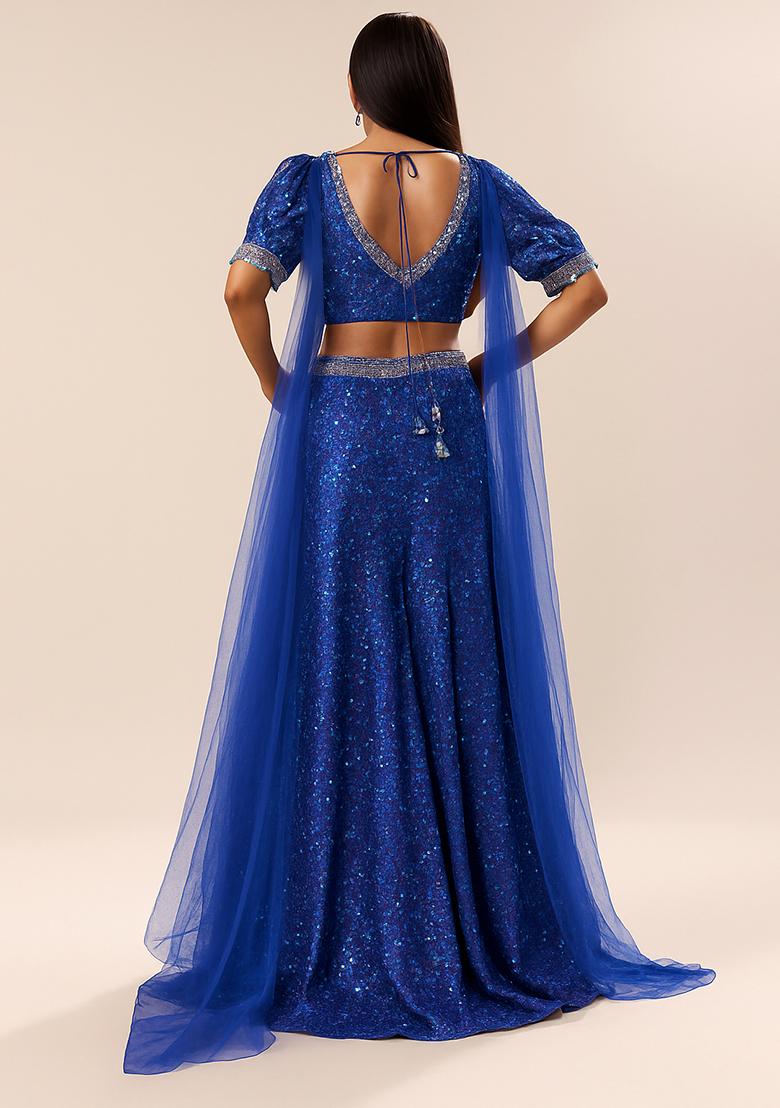 Blue Sequin Net Lehenga Set - Indya