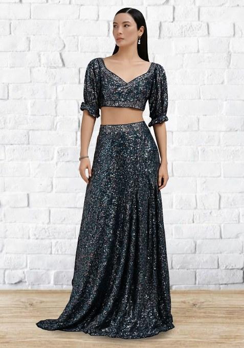 Deep Blue Sequin Net Lehenga Set