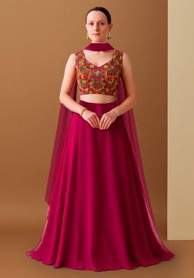 Pink Embroidered Poly Blend Lehenga Set