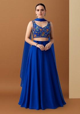 Blue Embroidered Poly Blend Lehenga Set
