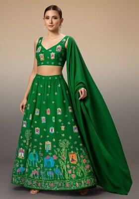 Green Figure Print Crepe Lehenga Set