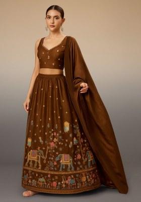 Brown Figure Print Crepe Lehenga Set