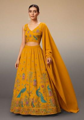 Yellow Figure Print Crepe Lehenga Set