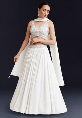 White Embroidered Net Lehenga Set