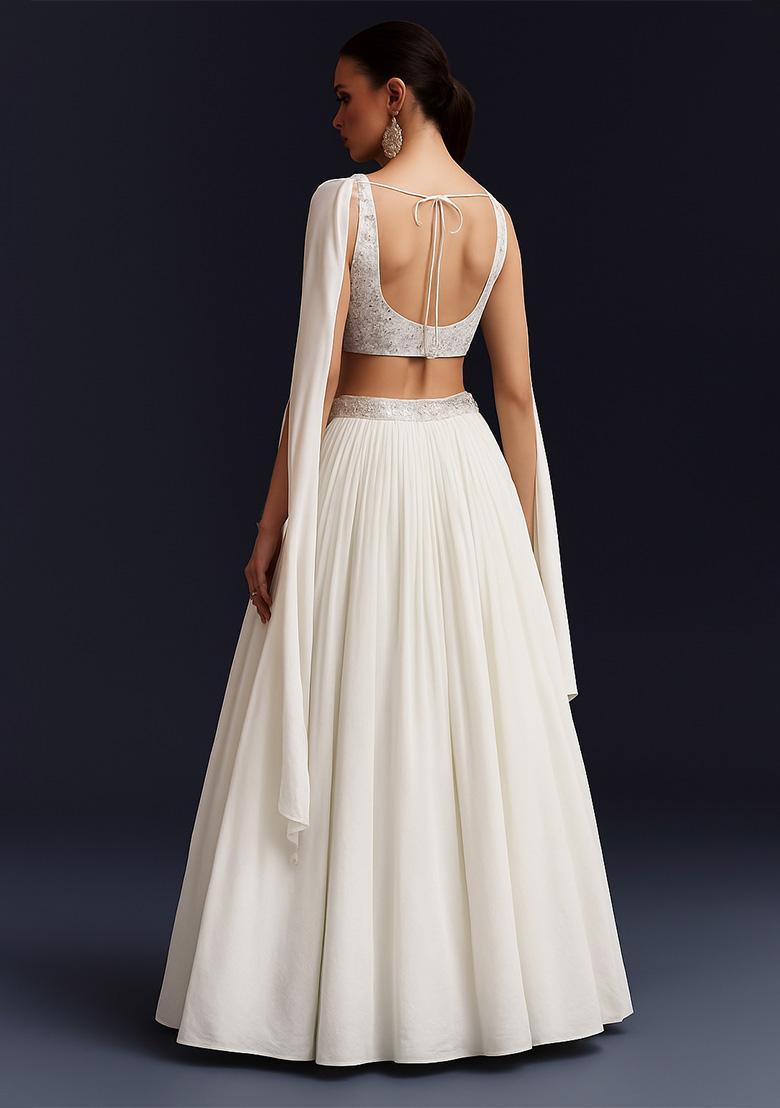 White Embroidered Net Lehenga Set - Indya