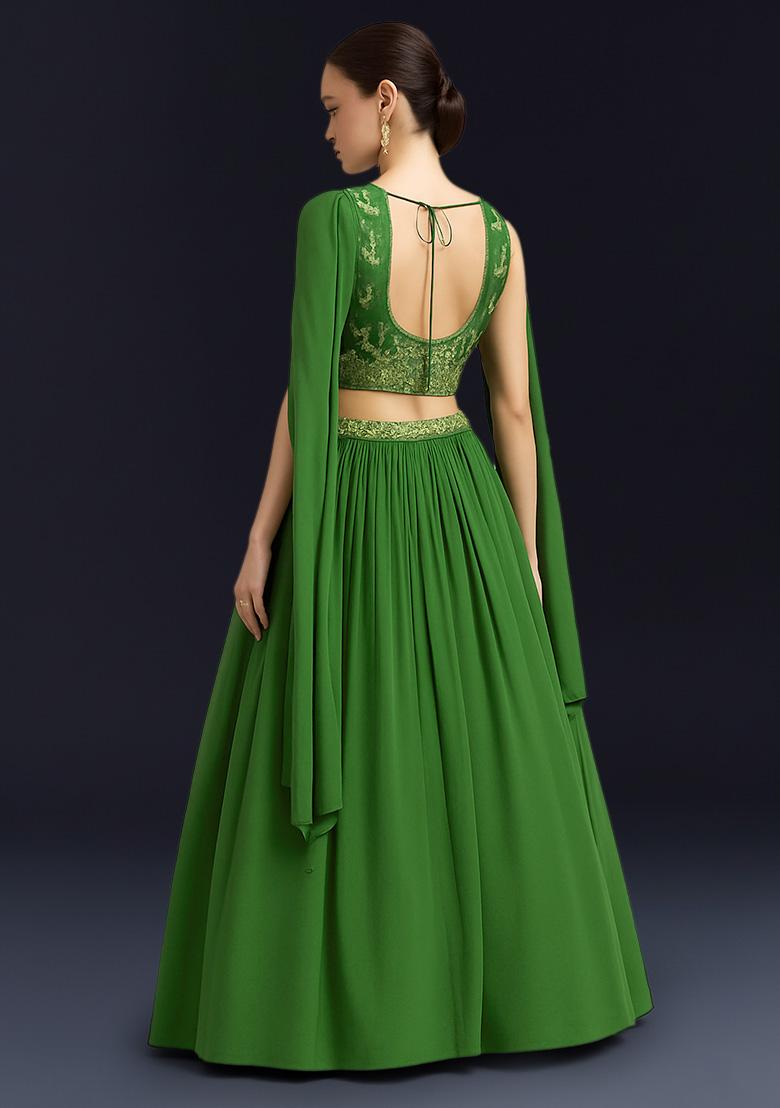 Green Embroidered Crepe Lehenga Set - Indya