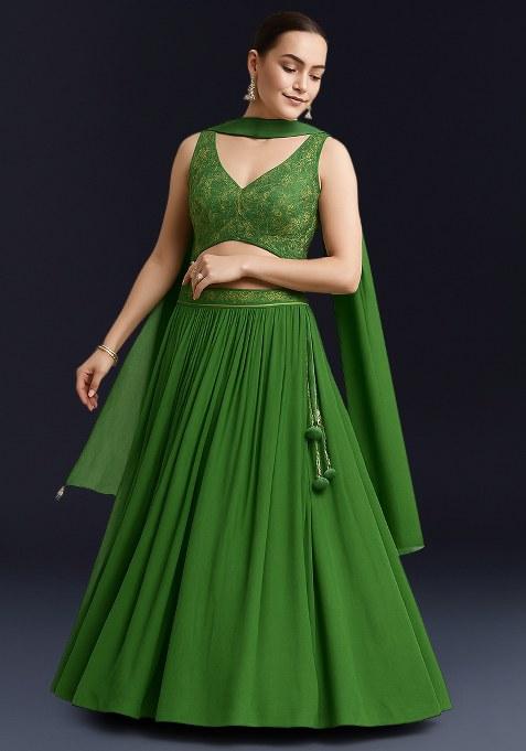 Green Embroidered Crepe Lehenga Set — view on Indya