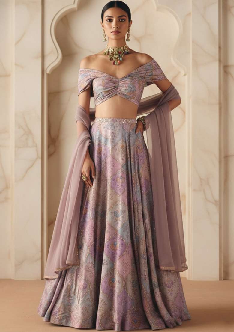 Pink Embroidered Poly Blend Lehenga Set - Indya