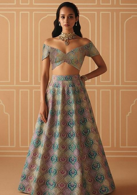 Multicolor Embroidered Poly Blend Lehenga Set