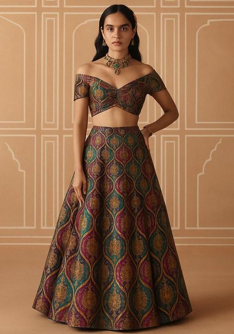 Multicolor Embroidered Poly Blend Lehenga Set