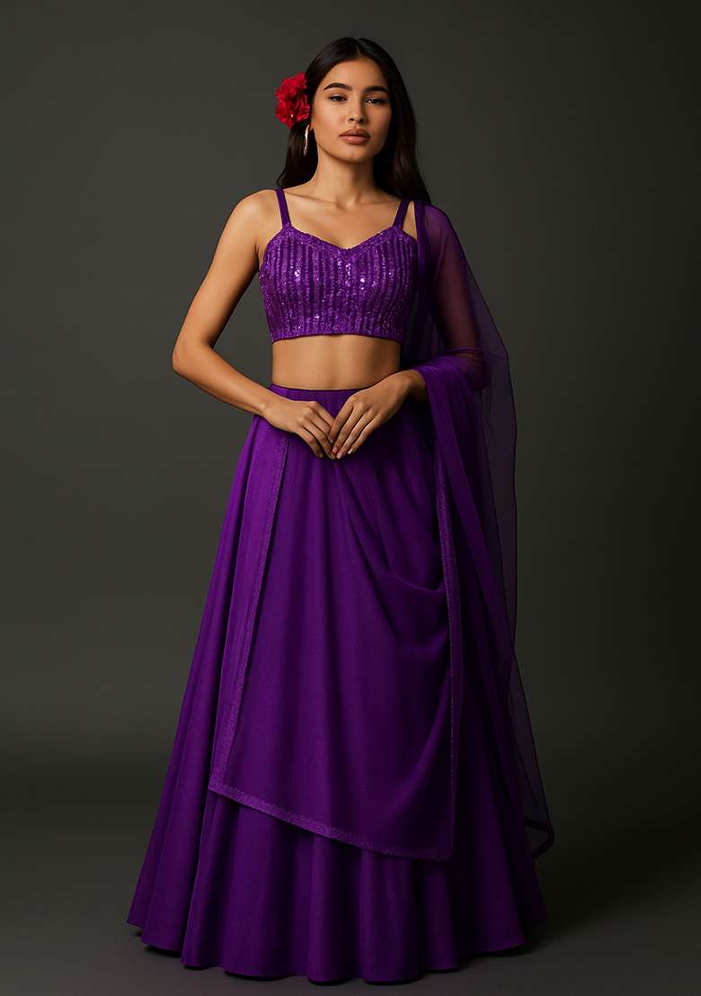 Purple Net Lehenga Set with Sequin for Diwali | Wedding & Festive Wear - Indya