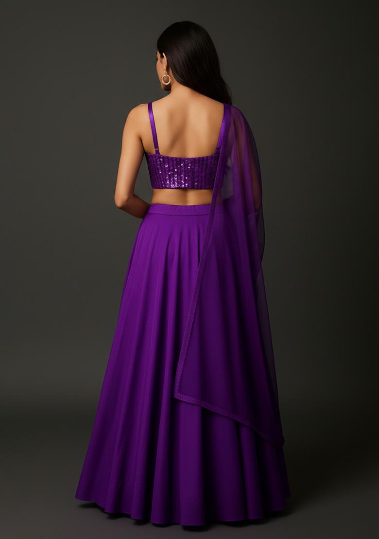 Purple Sequin Net Lehenga Set - Indya