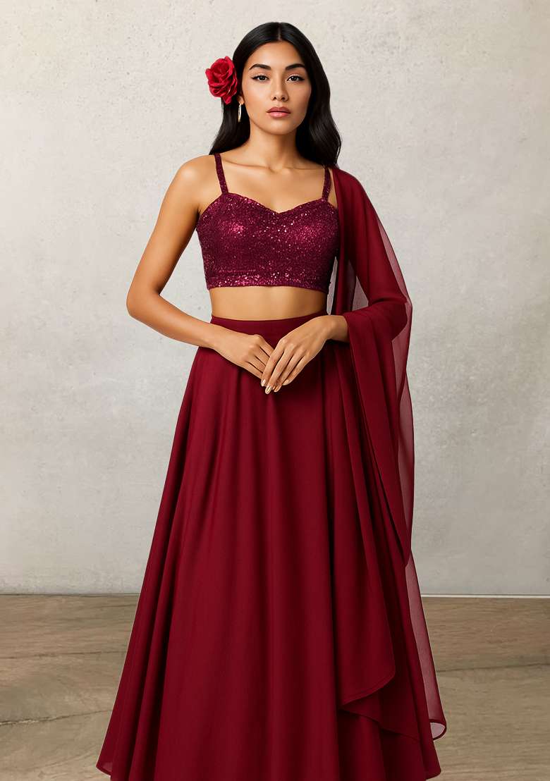Maroon Sequin Net Lehenga Set for Diwali and Festive Wear - Indya