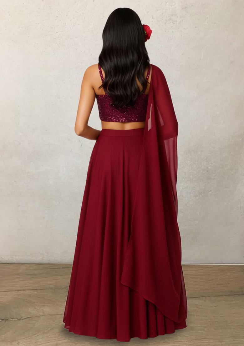 Maroon Sequin Net Lehenga Set - Indya