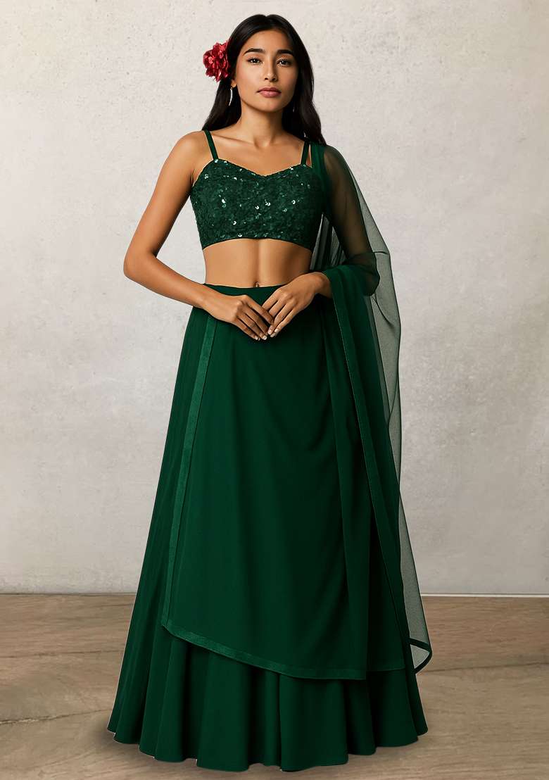 Green Sequin Net Lehenga Set for Diwali and Festive Wear - Indya