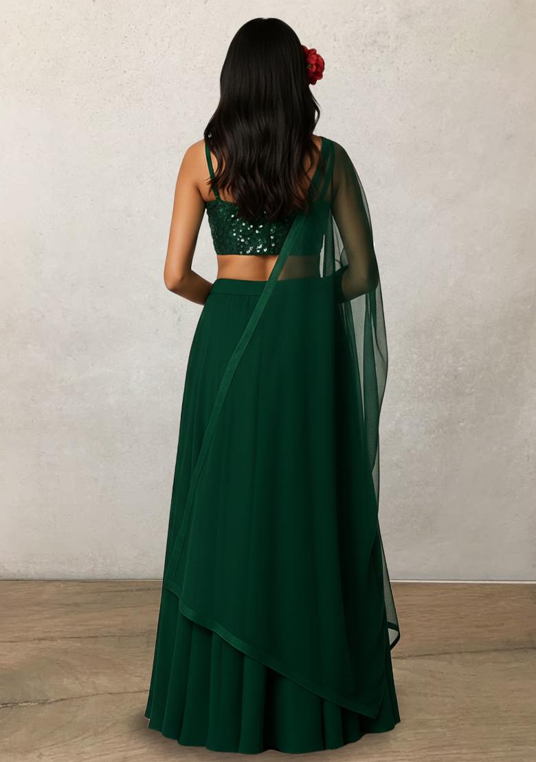 Green Sequin Net Lehenga Set - Indya