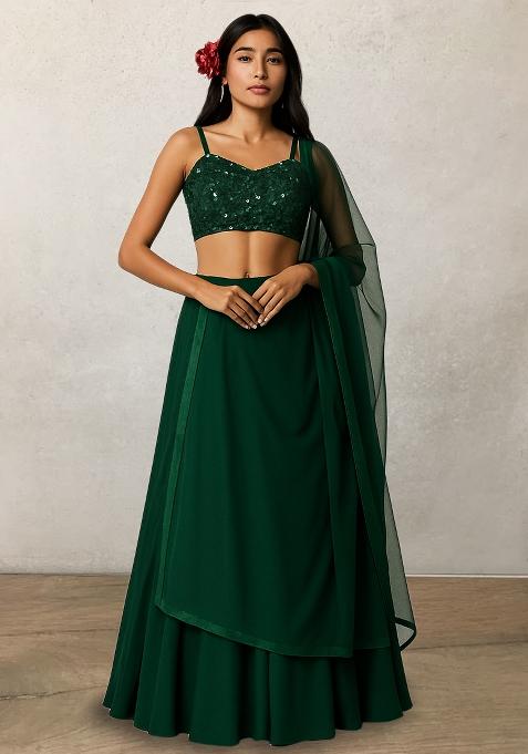 Green Sequin Net Lehenga Set