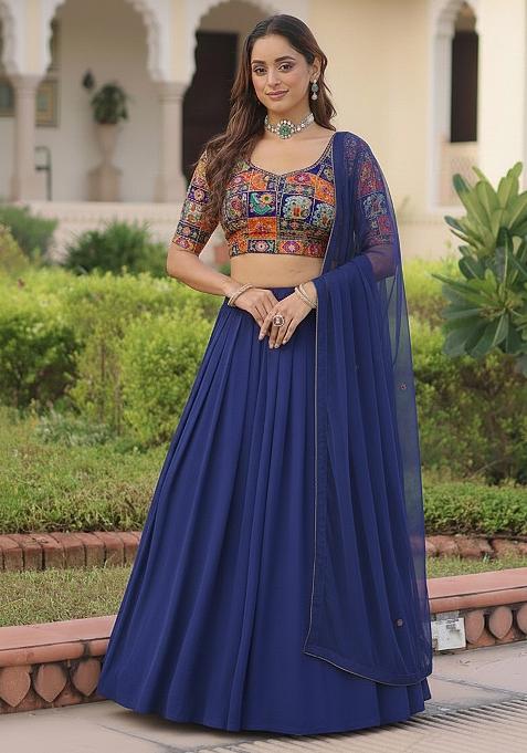 Blue Embroidered Poly Blend Lehenga Set